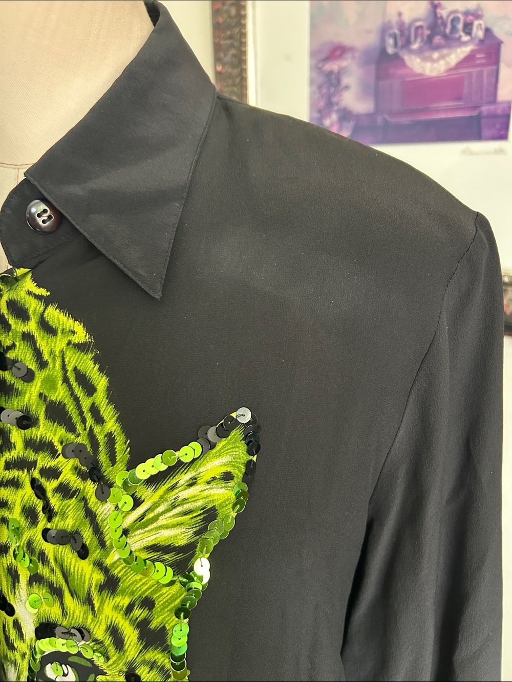 Vintage Diane Gilman neon green silk, a leopard sequin button down blouse M - Picture 7 of 13